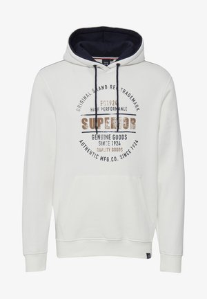 Weißer Kapuzenpullover mit marineblauem Innenfutter, mit einer Fronttasche, Kordeln und grafischem Text in Braun und Marineblau. Hergestellt aus einem weichen Baumwollmix.