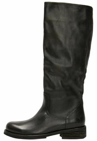 Bottes hautes en cuir noir jusqu'au genou avec une texture lisse, bout arrondi, talon empilé bas et couture décorative. Logo papillon sur le côté.