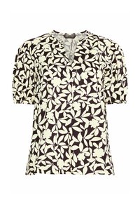 Sort bluse med hvidt blomstermønster og blade, korte pufærmer og en rund halsudskæring med V-snit.