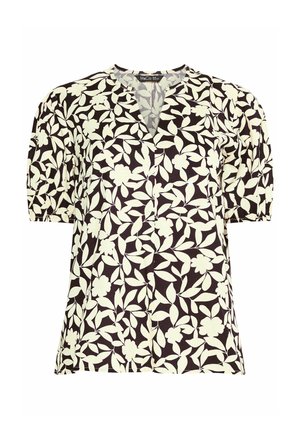 Schwarze Bluse mit weißem Blumen- und Blattmuster, kurzen Puffärmeln und einem rundem V-förmigen Ausschnitt.