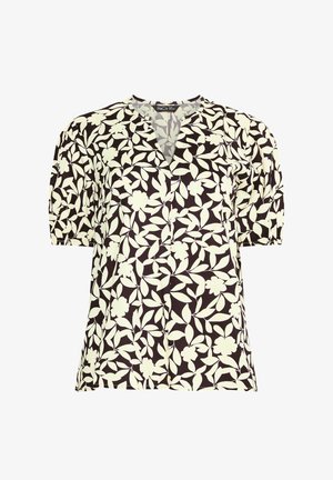 Schwarze Bluse mit weißem Blumen- und Blattmuster, kurzen Puffärmeln und einem rundem V-förmigen Ausschnitt.