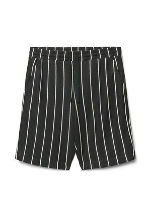 Pantaloncini neri con strisce verticali bianche, cintura elastica con coulisse e tasche laterali, distesi su uno sfondo bianco.