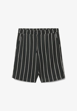 Shorts noirs à rayures verticales blanches, taille élastique avec cordon de serrage et poches latérales, posés à plat sur un fond blanc.