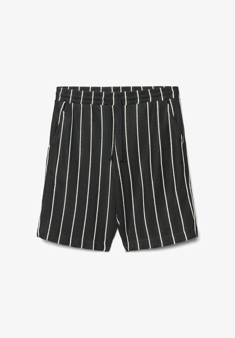 Shorts noirs à rayures verticales blanches, taille élastique avec cordon de serrage et poches latérales, posés à plat sur un fond blanc.