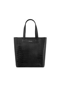 Borsa tote nera realizzata in finta pelle di coccodrillo testurizzata, con due manici robusti e un design semplice e strutturato.