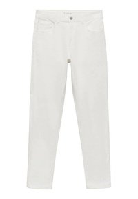 Jeans de denim blanco con corte recto, que cuentan con un diseño de cinco bolsillos, cierre de botón y costuras sutiles a lo largo de las costuras.