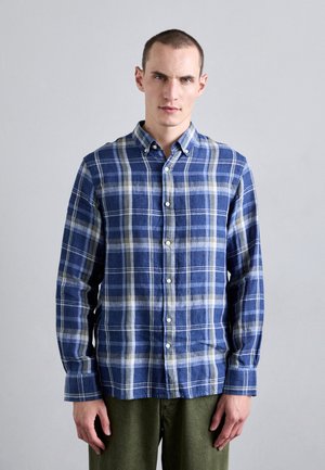 Blaue und weiße karierte Langarmbluse mit Button-Down-Kragen, aus leichtem Stoff, mit lässiger Passform und Knopfverschluss.