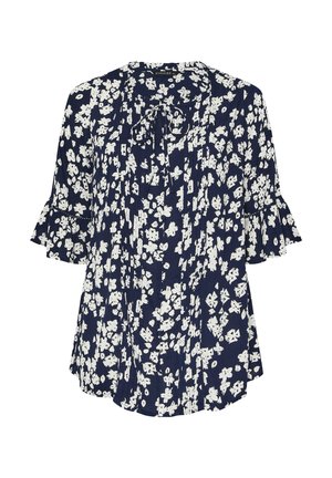 Granatowa bluzka w kwiaty z białym wzorem, z plisowanym fasonem, falbaniastymi rękawami i wiązaniem przy dekolcie. Posiada luźny krój.