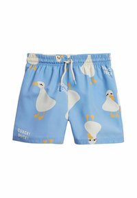 Blå simshorts i lätt material med ett upprepat mönster av ankor i vitt och gult, samt en dragsko i midjan.