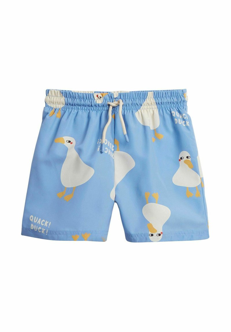 Blå simshorts i lätt material med ett upprepat mönster av ankor i vitt och gult, samt en dragsko i midjan.