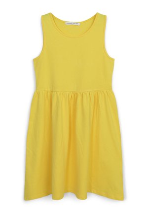 Abito giallo senza maniche realizzato in cotone morbido, con scollatura rotonda e vita arricciata per una silhouette svasata a A.