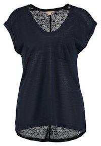 Navy blue lightweight top with a V-neck, short sleeves, and a front pocket. Features a relaxed fit and slightly curved hem.