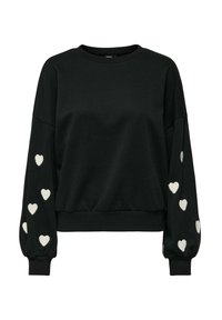 Zwarte longsleeve sweatshirt met witte hartpatronen op de mouwen, geribbelde manchetten en zoom, en een ronde halslijn.