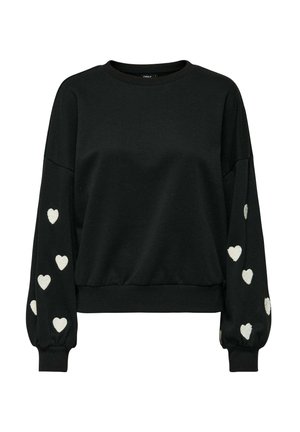 Zwarte longsleeve sweatshirt met witte hartpatronen op de mouwen, geribbelde manchetten en zoom, en een ronde halslijn.