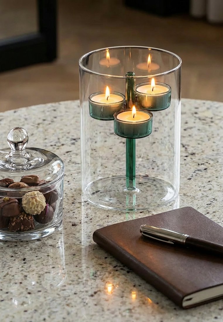 Cztery zapalone świeczki typu tealight w pionowym szklanym świeczniku, obok słoika z różnorodnymi czekoladkami i zamkniętego brązowego notesu z długopisem na nakrapianym stole.