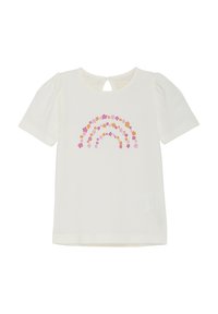 Vit bomull t-shirt med korta puffärmar, som har en regnbågsdesign bestående av flerfärgade blommor och en nyckelhålsdetalj på baksidan.