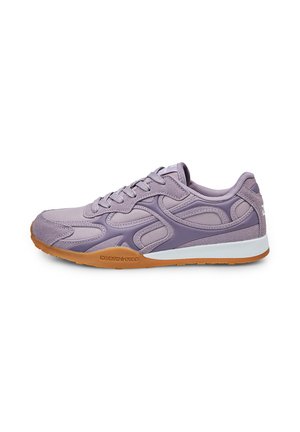 Light purple athletic shoe featuring a textured upper, smooth overlays, and a gum rubber sole. Lace-up design with prominent accents.