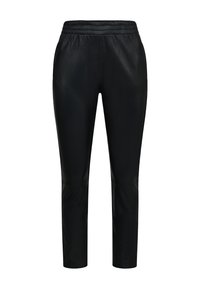 Pantaloni neri in ecopelle con texture liscia, vita elasticizzata e design affusolato. Stile minimalista senza hardware o motivi visibili.