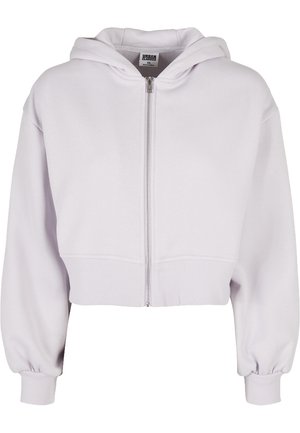 Zkrácená mikina s kapucí v světle levandulové barvě. Vlastnosti zahrnují přední zip, žebrované manžety a hladkou texturu. Jednoduchý design bez vzorů.