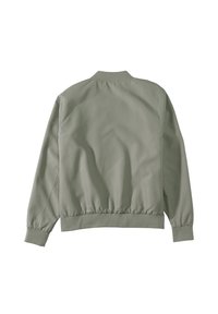 Helle olivgrüne Jacke aus glattem Material, mit einem gerippten Kragen sowie elastischen Bündchen und Saum. Die Rückansicht zeigt ein minimalistisches Design.