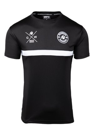 Zwart sportshirt met korte mouwen, met een witte horizontale streep, grafische logo's op de borst en een circulair embleem.