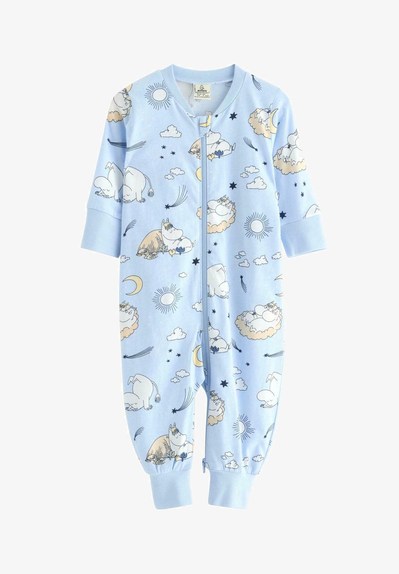 Blauer Kinder-Overall aus weichem Stoff, mit verspielten Illustrationen von Kreaturen, Wolken und Sternen, mit einem Reißverschluss vorne und langen Ärmeln.