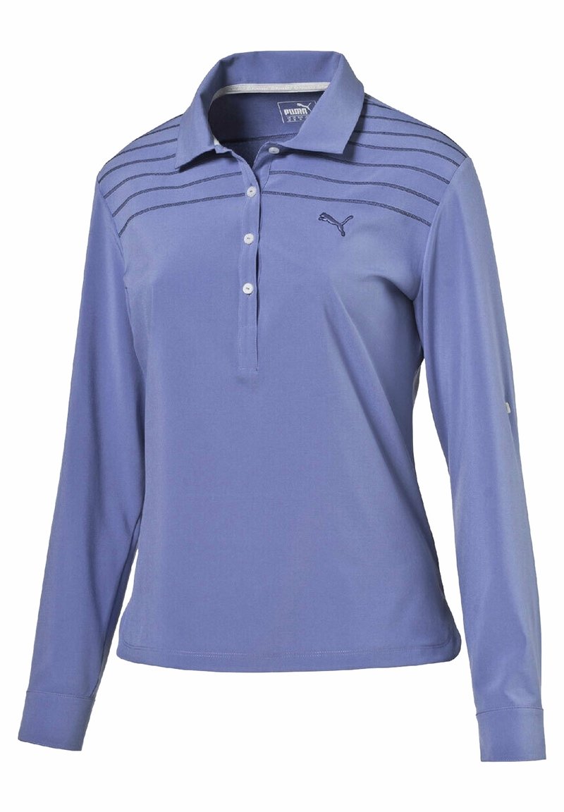 Pitkähihaista polo-paitaa vaaleanpunaisena, jossa on kauluspanta, kolme nappia ja hienovaraisia vaakaraitoja rinnassa. Logokuva.