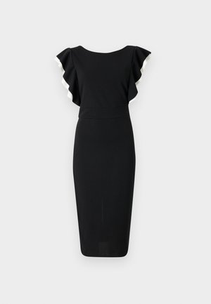 Rochie neagră cu mâneci scurte și fluturate, cu finisaje albe, cu un corset ajustat și fustă până la genunchi. Fabricată dintr-un material neted și elastic.