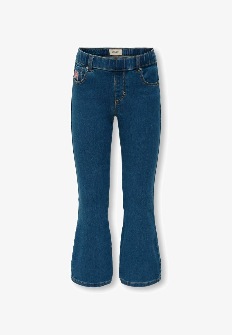 Jeans a zampa d'elefante in denim blu con una vita elasticizzata, dettagli di cucitura sottili e un piccolo accento ricamato sulla tasca anteriore.