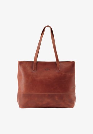 Bolso tote de cuero marrón con dos asas largas y textura suave, de forma rectangular y con un sutil logotipo de la marca en relieve en el centro.
