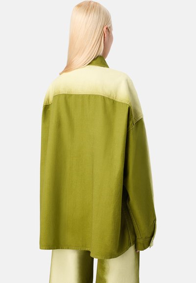 Green two-tone oversized jacket with a light green gradient at the shoulders. Features a classic collar and loose fit.