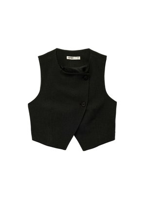 Gilet nero senza maniche cropped con chiusura asimmetrica con bottoni e scollo tondo, realizzato in tessuto strutturato.