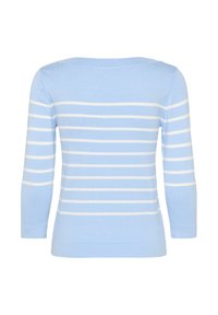 Pull léger bleu à manches longues avec des rayures blanches horizontales, encolure bateau et ourlet ajusté, vu de l'arrière.