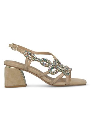 Sandalo con tacco beige caratterizzato da una larga fascia con decorazioni in strass multicolori e un tacco spesso. Chiusura con cinturino alla caviglia.