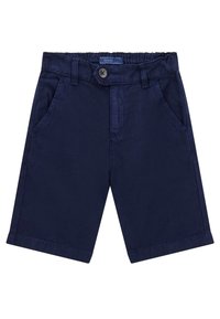 Himmelblau Shorts aus Baumwolle mit elastischem Bund, Fronttaschen und Knopfverschluss. Sie zeichnen sich durch eine glatte Textur und einen geraden Schnitt aus.