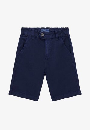 Pantalones cortos azul marino de algodón con una cintura elástica, bolsillos frontales y cierre de botón. Presenta una textura suave y un corte recto.