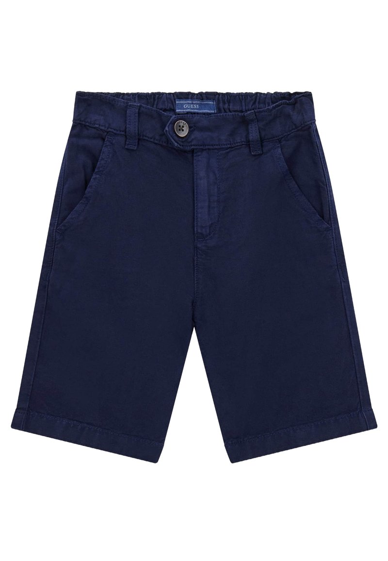 Himmelblau Shorts aus Baumwolle mit elastischem Bund, Fronttaschen und Knopfverschluss. Sie zeichnen sich durch eine glatte Textur und einen geraden Schnitt aus.