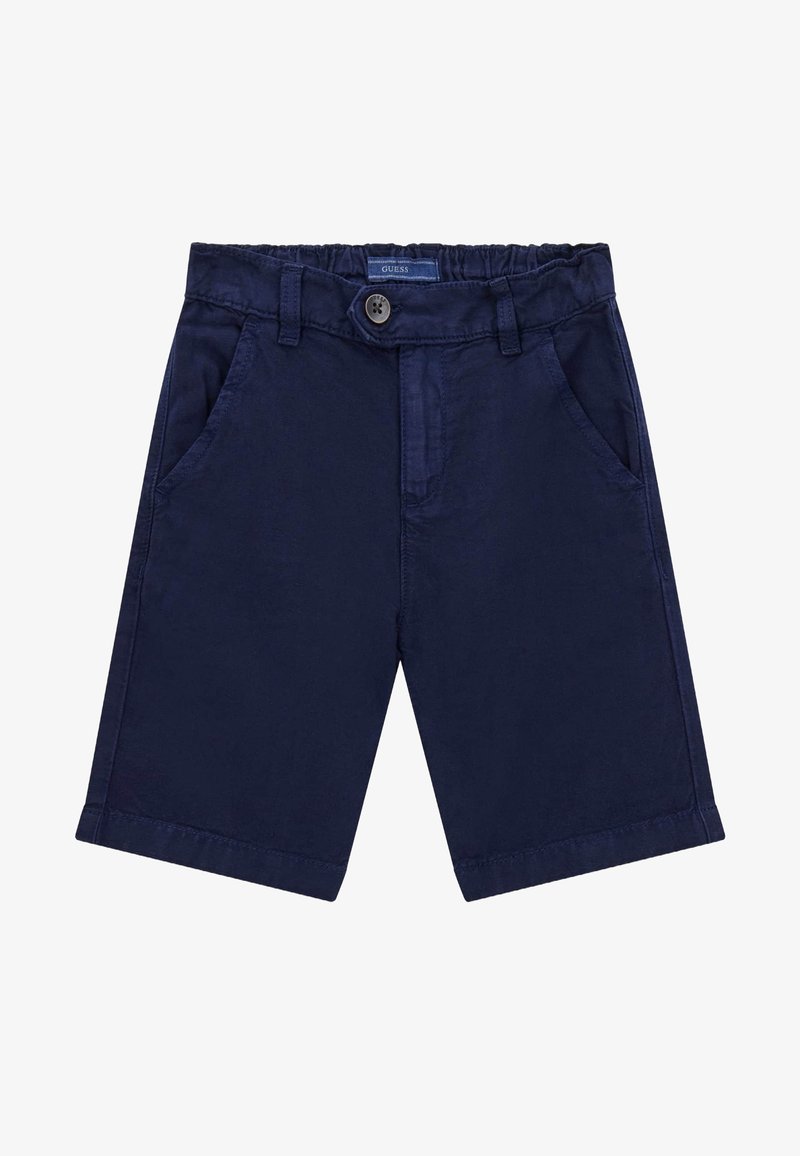 Tamno plave kratke hlače od pamuka s elastičnim pojasom, prednjim džepovima i kopčanjem na dugme. Imaju glatku teksturu i ravni kroj.