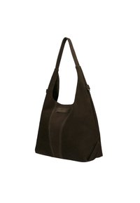 Borsa a tracolla in suede marrone con un'apertura ampia e un design essenziale. Presenta dettagli di cucitura sottili e un manico superiore sicuro.