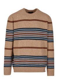 Beżowy sweter w poziome paski w kolorze brązowym, granatowym i jasnoniebieskim, z okrągłym dekoltem oraz ściągaczem u dołu i przy mankietach. Miękka faktura.