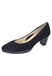 Décolleté in suede nero con punta arrotondata, tacco quadrato basso e rivestimento interno liscio. Design classico adatto per abbigliamento formale.