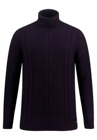 Lila Rollkragenpullover aus strukturiertem Strickmaterial. Mit vertikalen Rippmustern und einem zentralen Zopfdesign. Lange Ärmel.