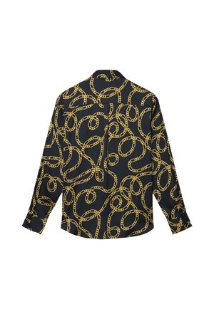 Schwarzes Langarmhemd mit einem goldenen Kettenmuster, glattem Stoff, geknöpften Manschetten und einer Naht am Rückenteil.