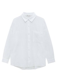 White button-up shirt made of linen, featuring a pointed collar, long sleeves, single chest pocket, and a curved hem.