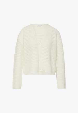 Wit gebreid vest met knopen, lange mouwen en een V-hals, uitgevoerd in een textuur met een opengeweven patroon.