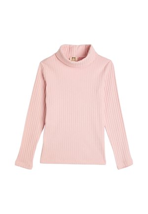 Vaaleanpunainen ribbikuvioitu pitkähihainen poolopaita, jossa on pehmeä texture ja korkea kaulus. Kangas näyttää venyvältä ja vartalonmyötäiseltä.