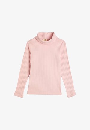Helles rosa, geripptes Langarm-Turtleneck-Shirt mit einer weichen Textur und hohem Kragen. Der Stoff wirkt dehnbar und körperbetont.
