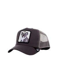 Gorra gris con una parte trasera de malla y un parche cuadrado que presenta un diseño de koala. El parche incluye la palabra "ABRAZO" sobre la imagen.