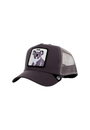 Gorra gris con una parte trasera de malla y un parche cuadrado que presenta un diseño de koala. El parche incluye la palabra "ABRAZO" sobre la imagen.