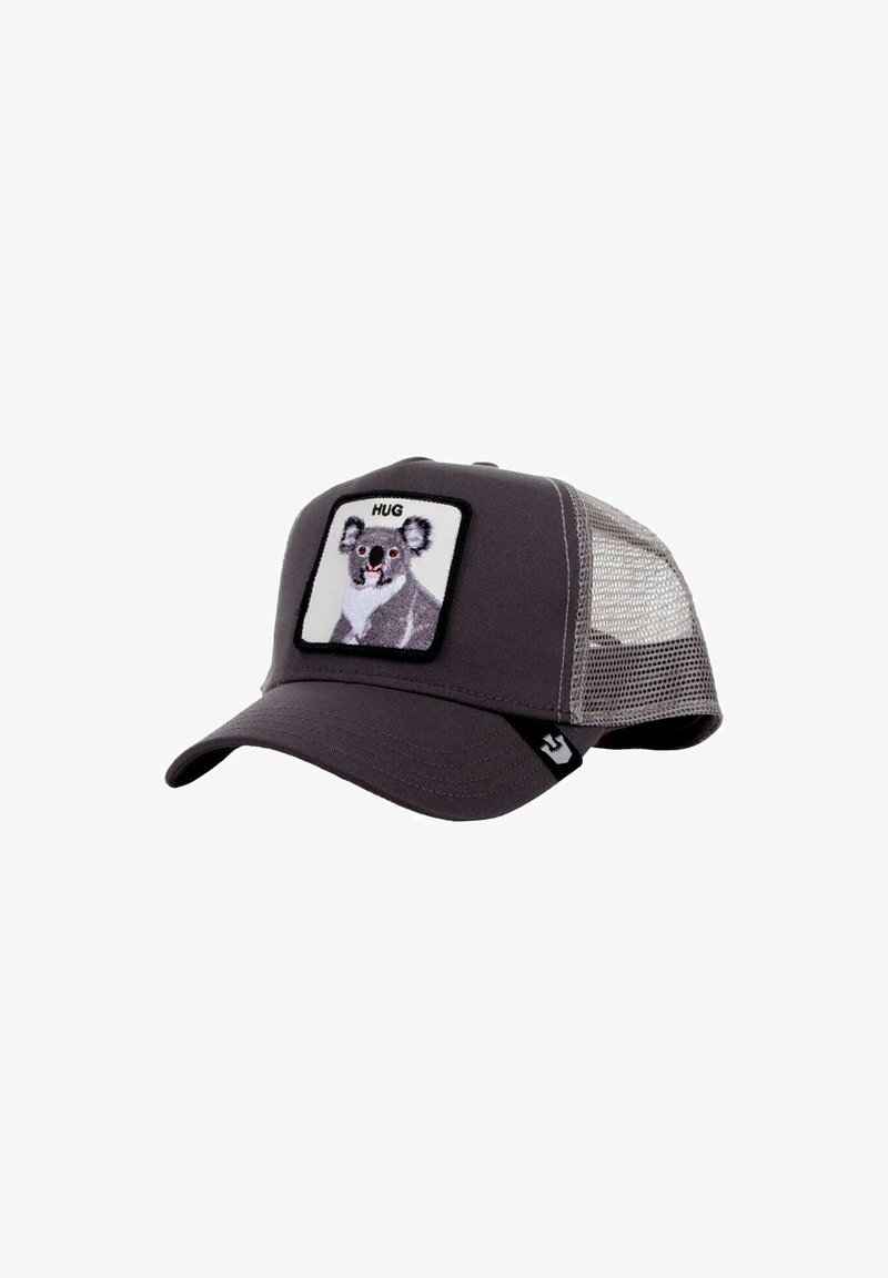 Gorra gris con una parte trasera de malla y un parche cuadrado que presenta un diseño de koala. El parche incluye la palabra "ABRAZO" sobre la imagen.